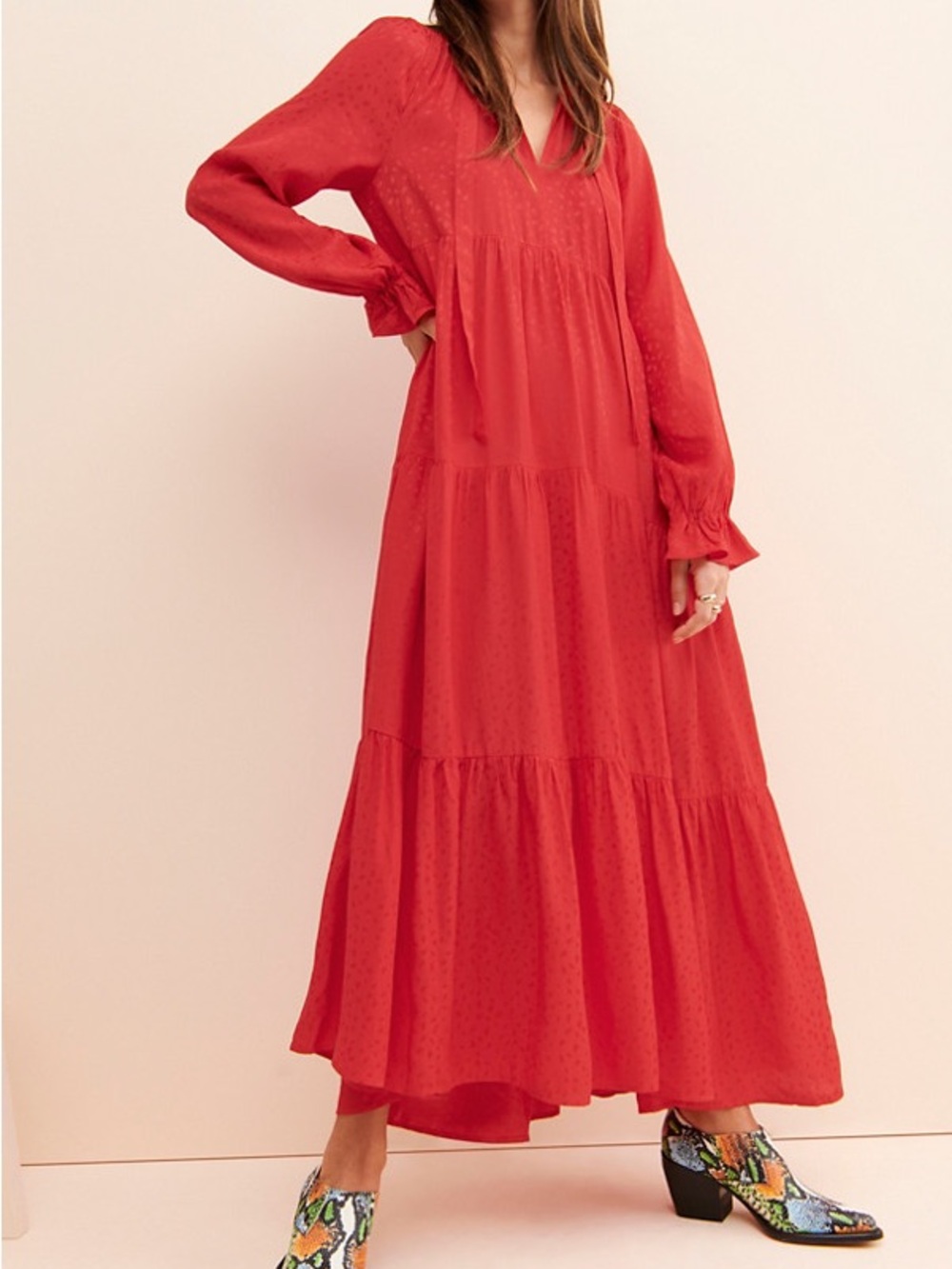 Anthropologie Vibrant Red Tiered Maxi Dress